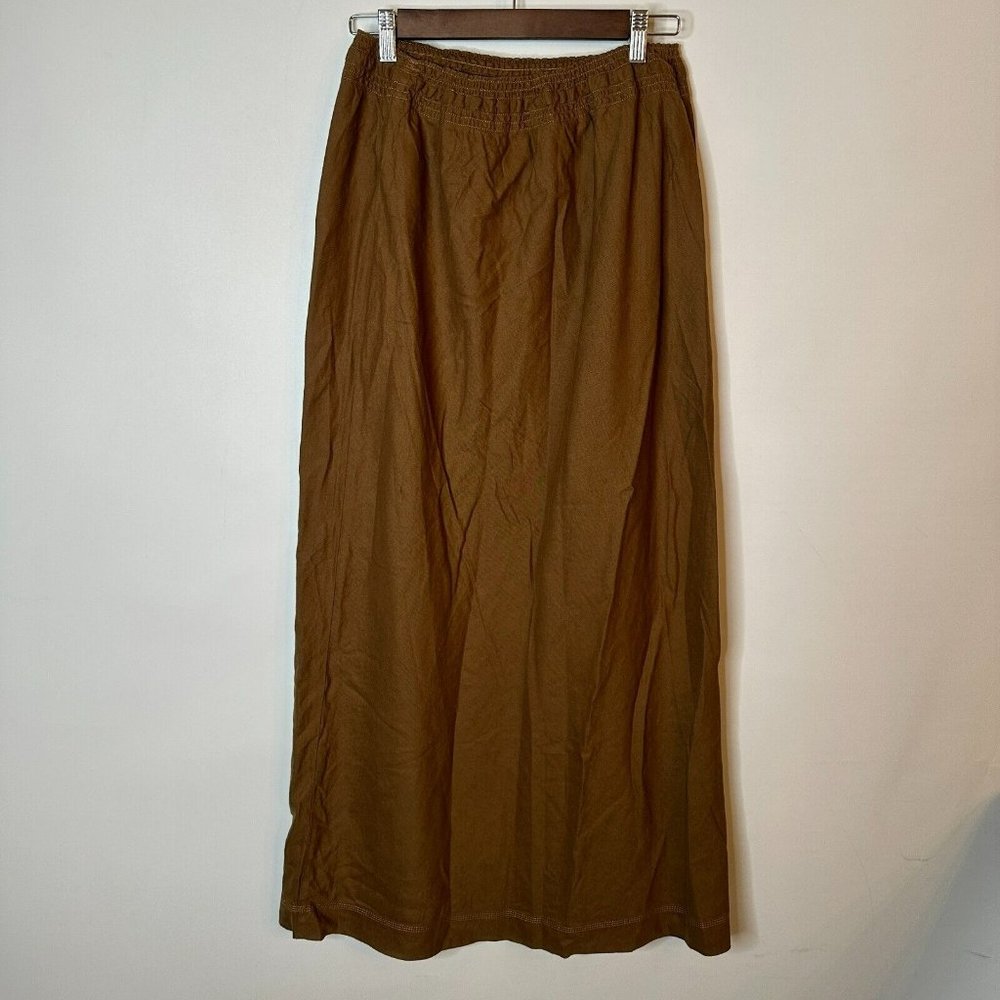 Eddie Bauer Womens Linen Blend Maxi Skirt Size M Tall Brown Pull On Lightweight